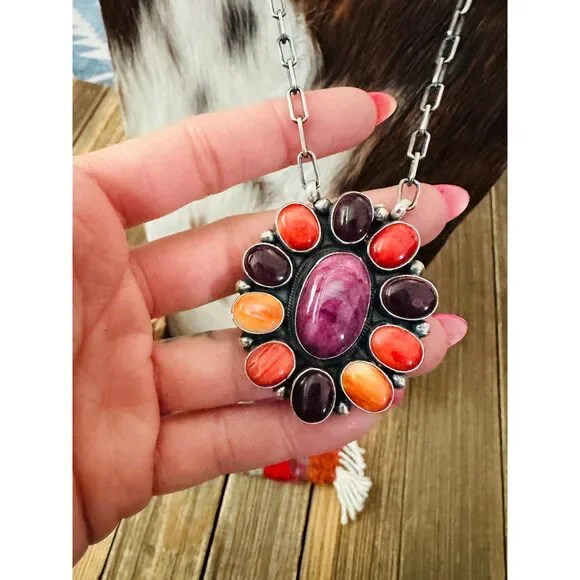 Handcrafted Multicolor Spiny Oyster & Sterling Silver Cluster Necklace by Sheil